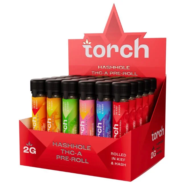 TORCH HASHHOLE THC-A 2GM PRE ROLLS IN KIEF & HASH JOINTS ASSORTED FLAVOR 30CT/ BOX